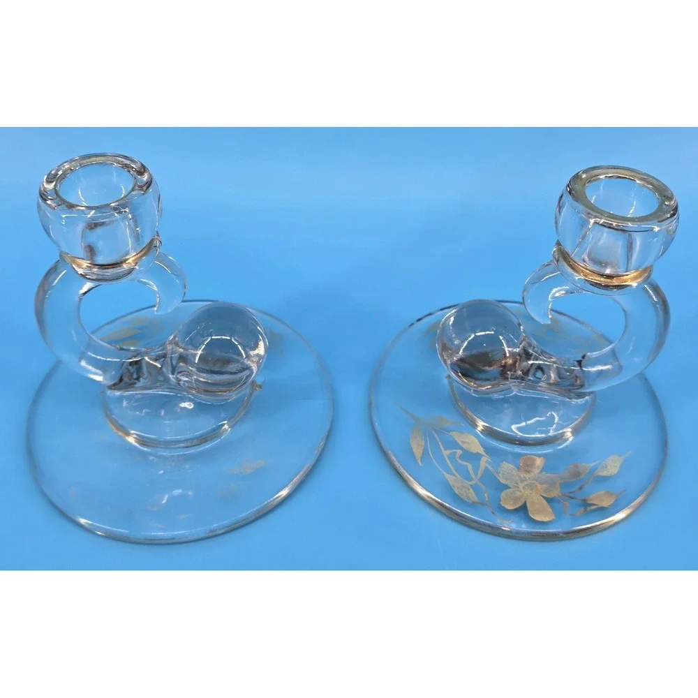 Set of 2 Vtg Paden City Comet Candlestick Holders Glass Gold Floral‎ 1940's